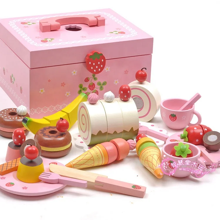 Portable Inside Montessori Materials Strawberry Donut Party Age3+ Girls Pretend Play House Wooden Dessert Cutting Kitchen Toys