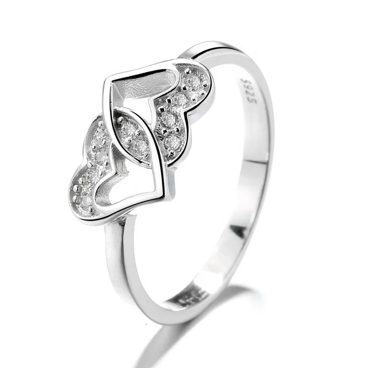 Factory Direct Sale 925 Sterling Silver Diamond Double Heart-shaped Ring