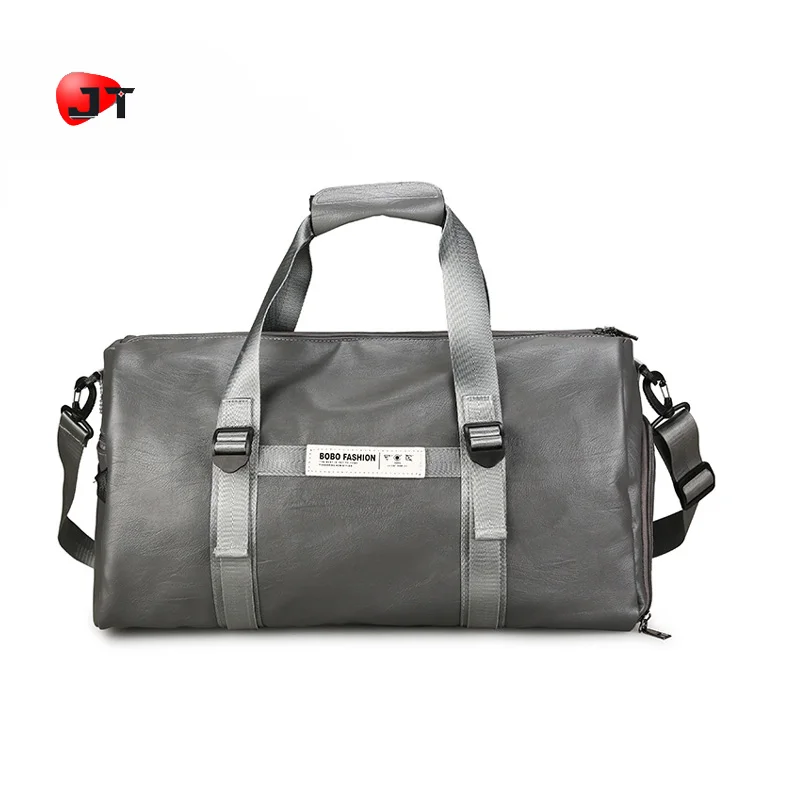 
Vintage Man Black Leather Bag Gym Travel Sports Shoes Duffel Gym Bag With Wet Compartment 