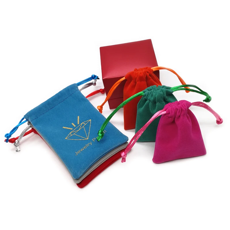 Custom logo printed colorful velvet jewelry pouch with double drawstrings