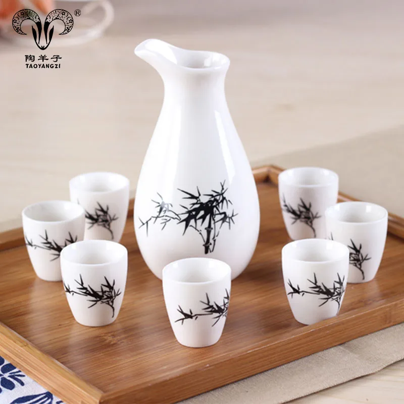 9 Piece Ceramic White and Red Blossom Japanese Sake Set, White wine set