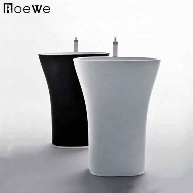 resin composite cast stone floor standing pedestal sink black, bathroom hand washing basin solid surface freestanding washbasin