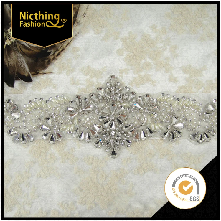 China Wholesale crystal embellishments rhinestone applique bridal sash belt beaded appliques for wedding dress NRA185