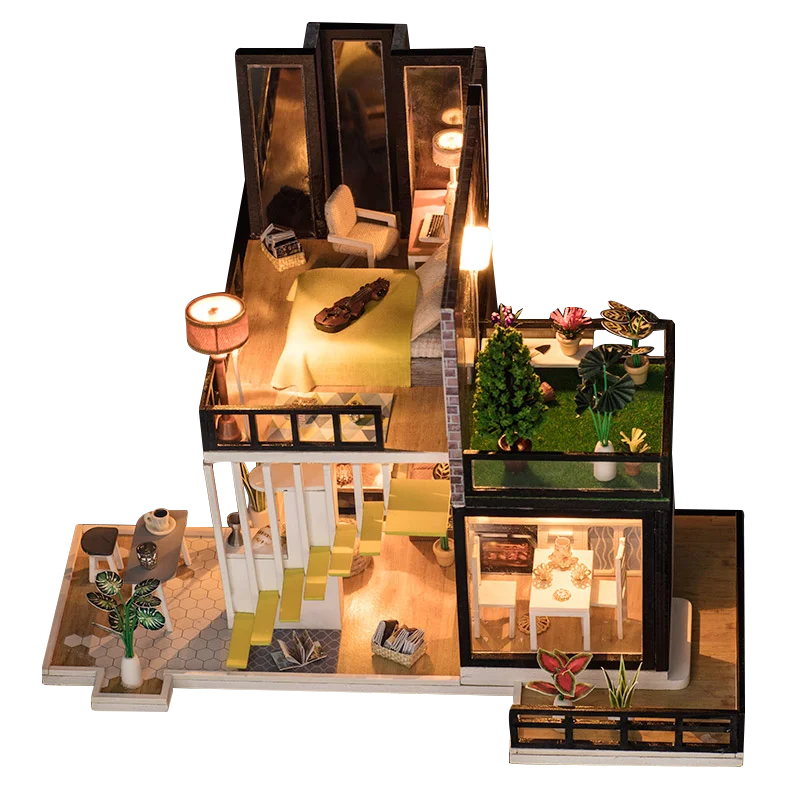 IIECREATE DIY Miniature House Kit for Kids LED Light Cardboard Dolls House with Wood Furniture 3D Accessories Set Model Building