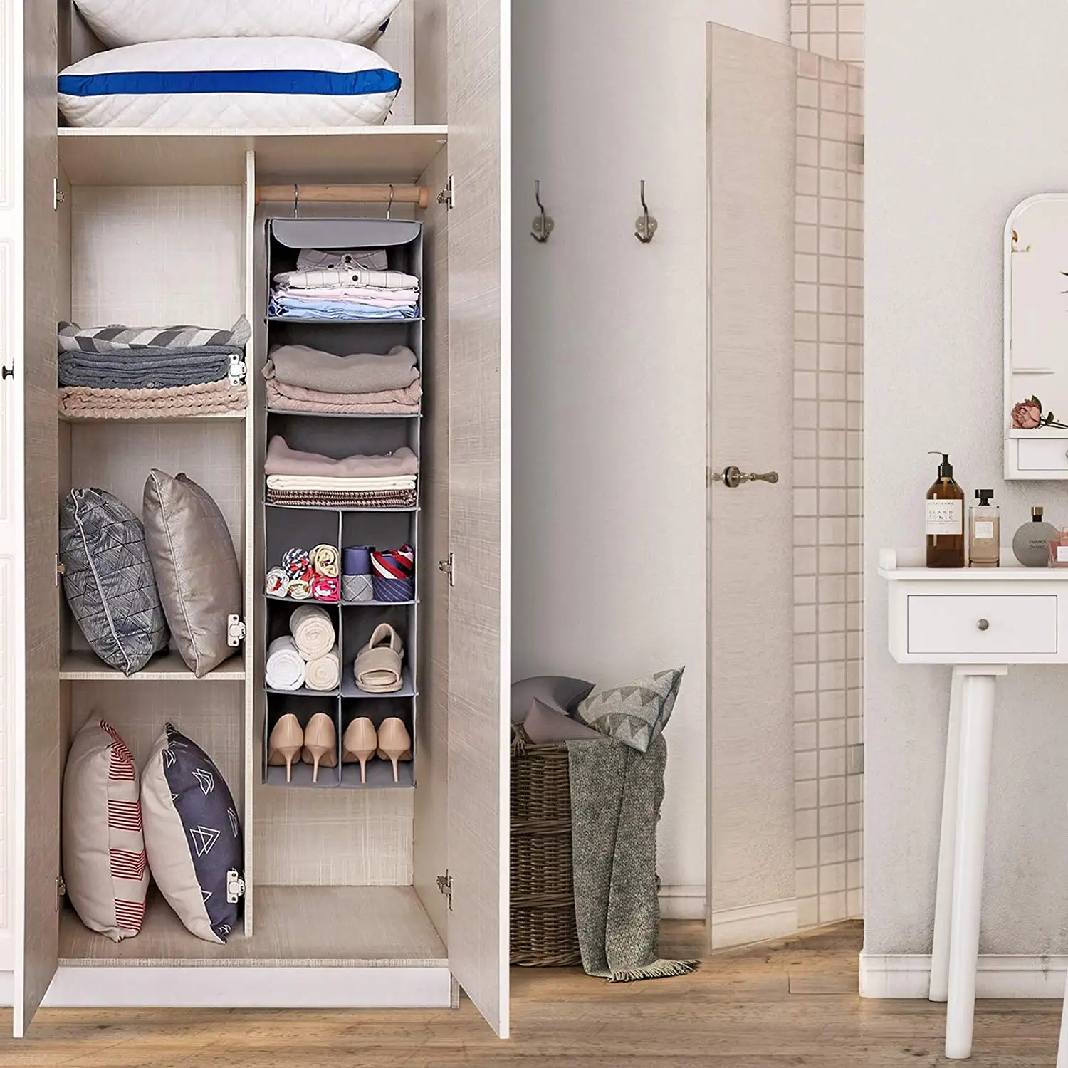 Home Organizer Fabric Material Polyester 6 shelf hanging cloest organizer with 9 compartments