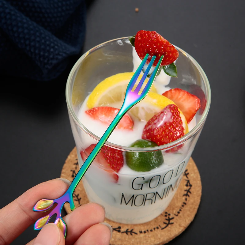 Hot Sale Stainless Steel coffee spoon fruit fork for gift  gold leaf spoon fork set