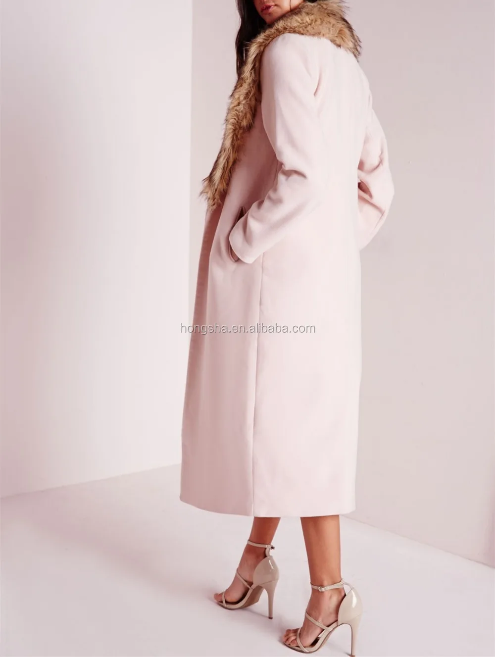 Ali  baba wool coat new faux fur collar longline blush pink winter coat HSJ3465