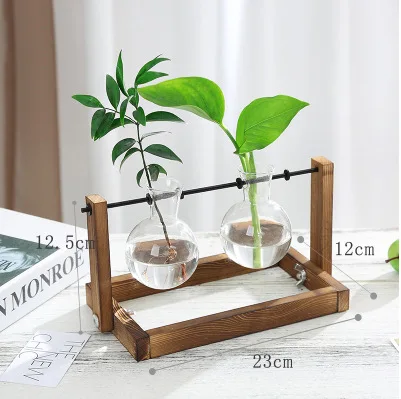 Modern Minimalist Clear Swing Glass Terrarium Vase Set Small Tabletop Ornament with Wooden Frame Base for Pot