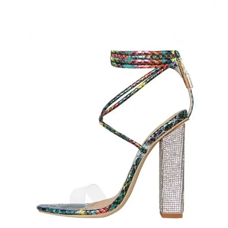 
Women Gladiator Ankle Strap Clear Rhinestone Lace Up Chunky High Heel Snake Skin Strappy Sandals 