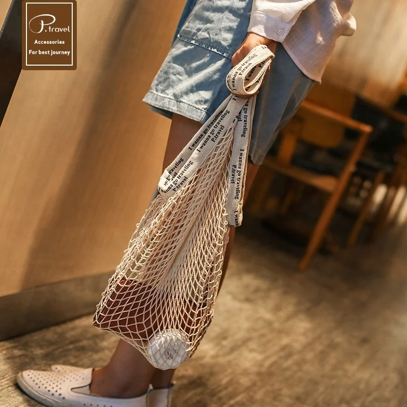 P.travel Eco Friendly Foldable Cotton String Rope Mesh Net Beach Produce Shopping Grocery Tote Bag Canvas bags