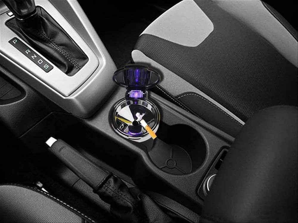 Car Ashtray, Easy Clean Up Detachable Stainless Car Ashtray with Lid Blue Led Light and Removable Lighter for Most Car Cup Holde