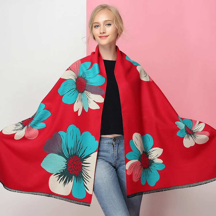 Double Sided Available Fashion Winter Pashmina Jacquard Scarf Big Flower Warm Wraps 100% Cashmere Shawl Scarf Women