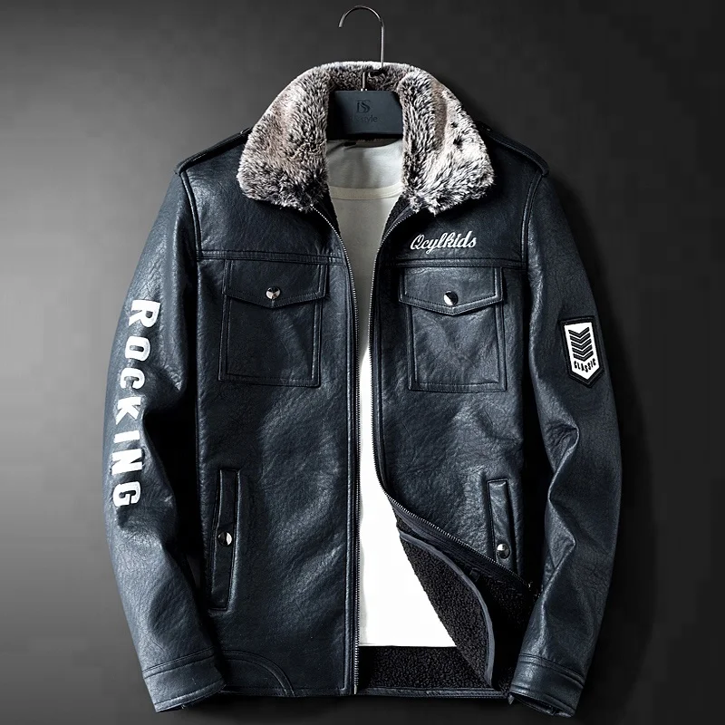 
Classic Windproof Fur Lining Mens Motorbike Punk Leather Winter Jacke 