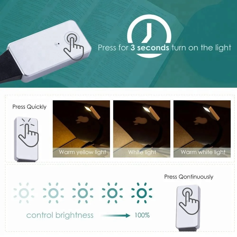 
Yarrae 2018 Rechargeable LED Clip Book Light for Bed Reading, 3 Color Reading Book with Brightness Adjustable 