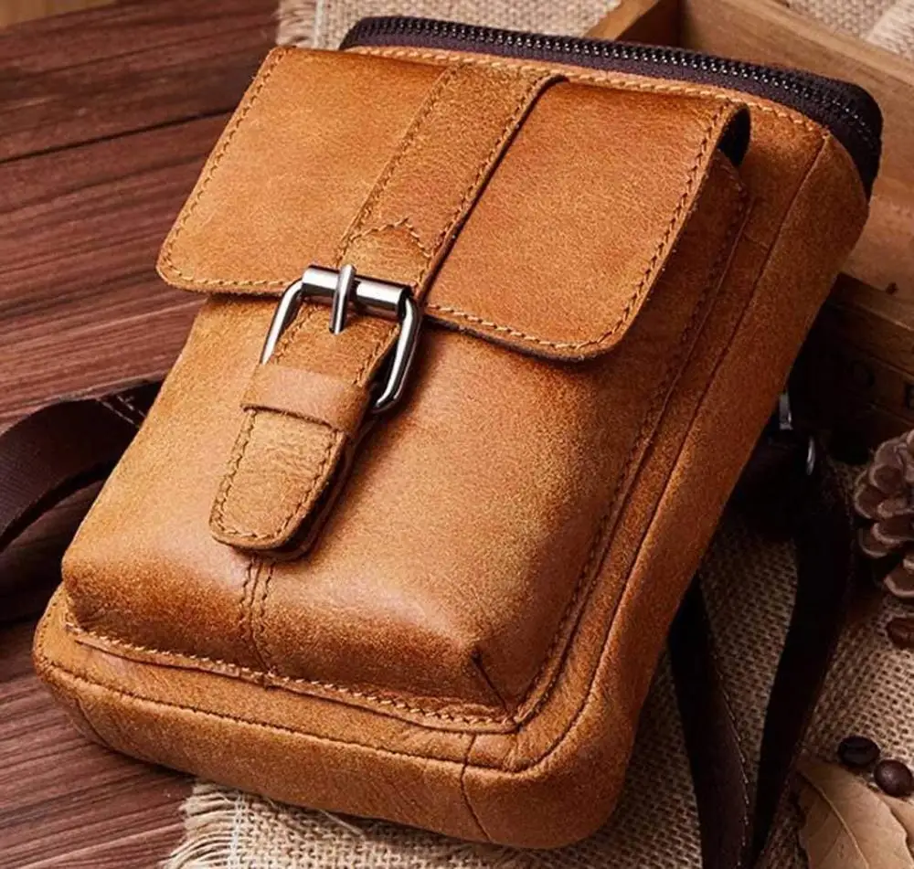 Premium Cowhide Leather Belt Holster Fanny Small Messenger Bag Pack