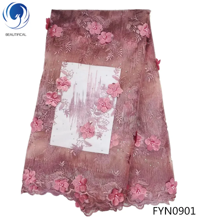 Beautifical tulle french mesh lace wholesale wedding beaded fabric 3D flower net lace FYN09