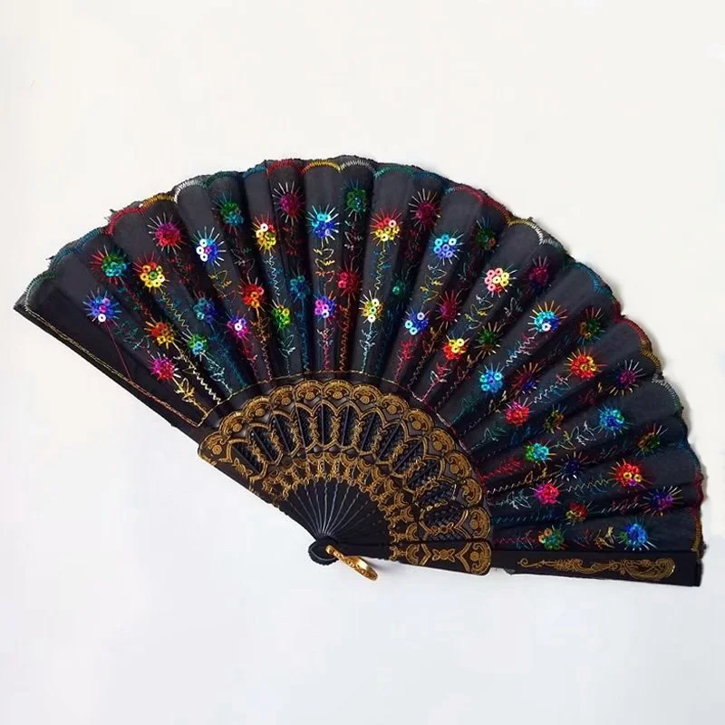Embroidery Peacock Colorful Hand Plastic Folding Fan Lady Fan Wedding Favors Gifts With Paillette
