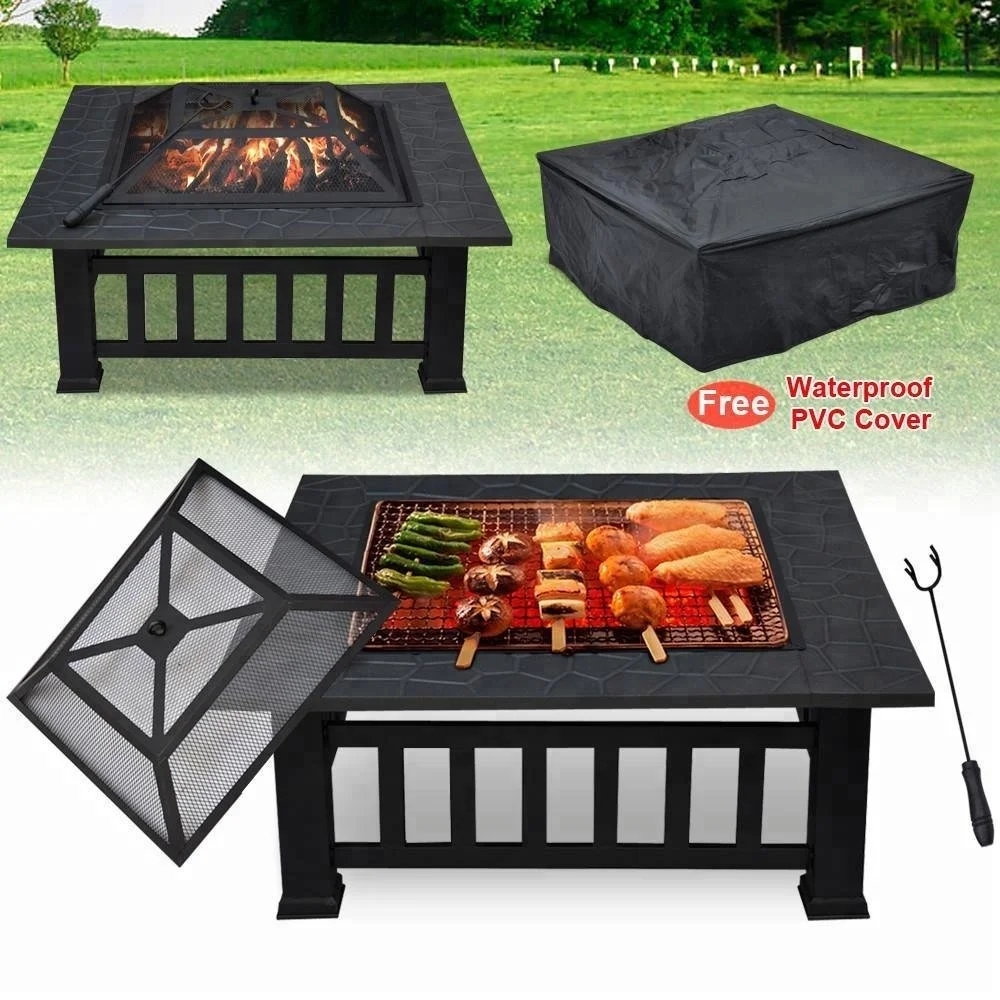 
Outdoor Metal Firepit Backyard Patio Garden Square Stove Fire Pit With cover 