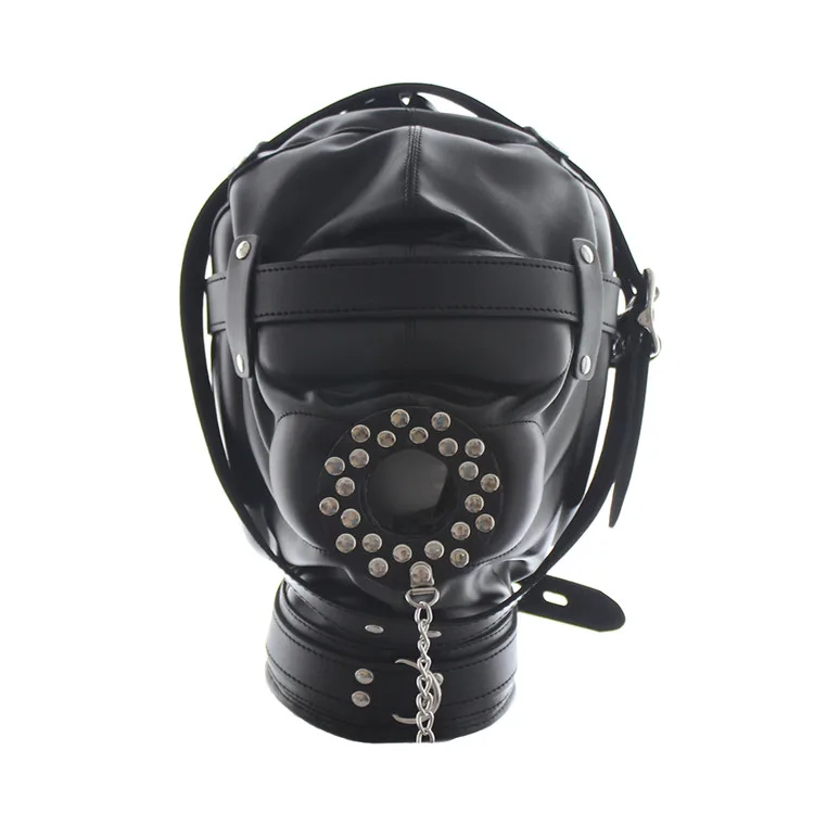 Bdsm Bondage Headgear Sex Toys of Leather Lockable Fetish Blindfold Hood Mask with Silicone Dildo Gag for Couples SM Games