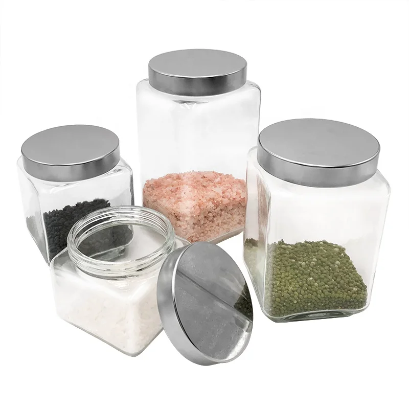 square shape storage empty glass jar for food with metal screw
