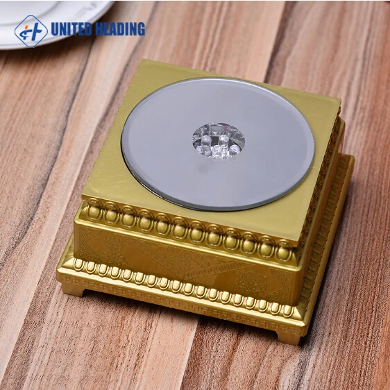 Hot sale round silver plastic case mirror 3D crystals square rotating led light base with music