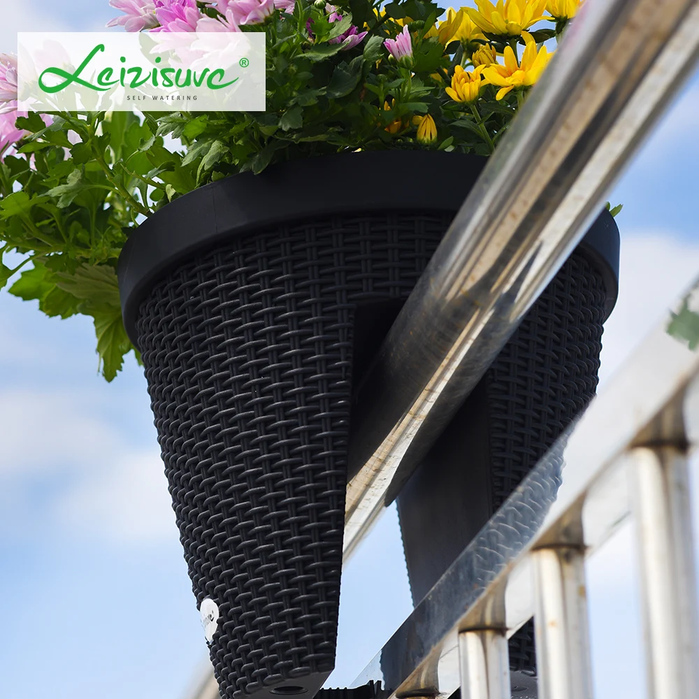 China factory fancy rattan wholesale plastic wicker plant pots rail railing planter split pot balcony flower pots for balconies