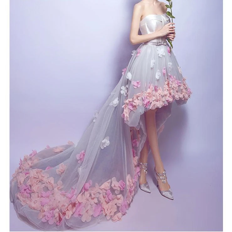 Wholesale Beatiful Short Front And Long Train Lace Applique Strapless Wedding Dress