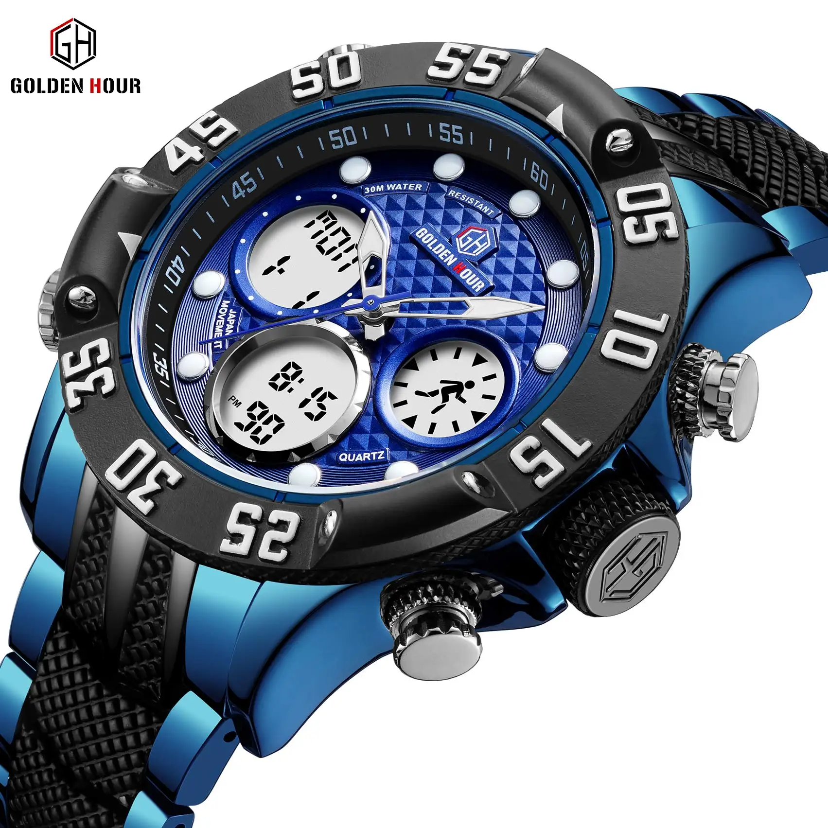 
GOLDENHOUR GH119 Luxury Brand Analog Digital Wrist Watch Gent Orologi Water Resistant Sport Military Watches Men Quartz Watches 