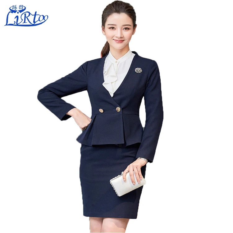 
Elegant ladies suits custom blue skirt airline stewardess uniform design 