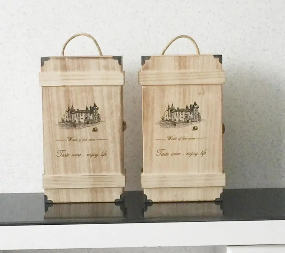 Vintage Handmade Wood Wine Box Holder for 2 Bottles With Handle Wine Gift Box