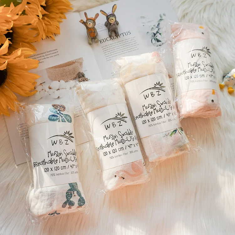 Hot sale breathable printed cotton baby bamboo muslin swaddle blanket organic for sleeping