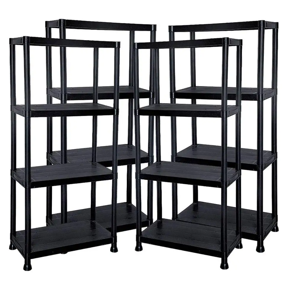 4 Tier Black Plastic Shelving Rack Unit Shelf Organiser Holder Garage Shed