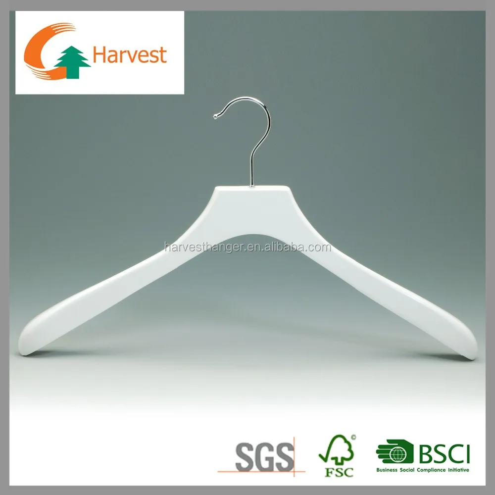 white glossy wood coat hanger with velvet shoulder
