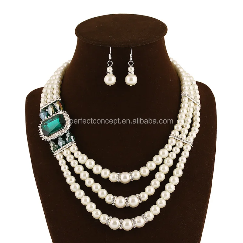rectangle crystal pearl necklace and earring 3 rows pearl necklace women artificial jewelry