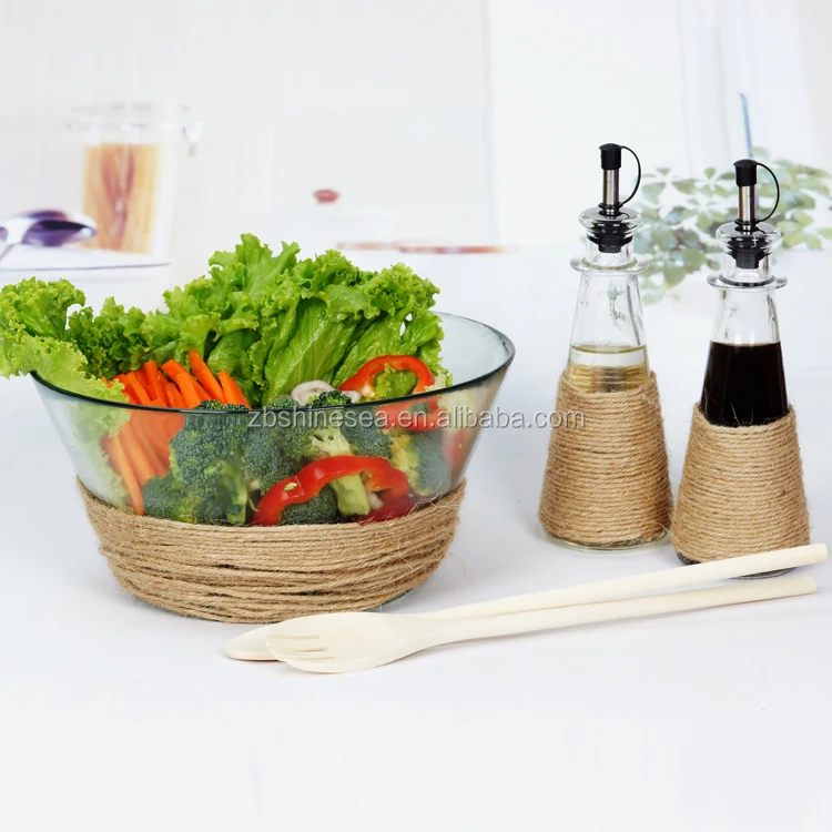 large mixing bowl glass set of 5 with wooden fork