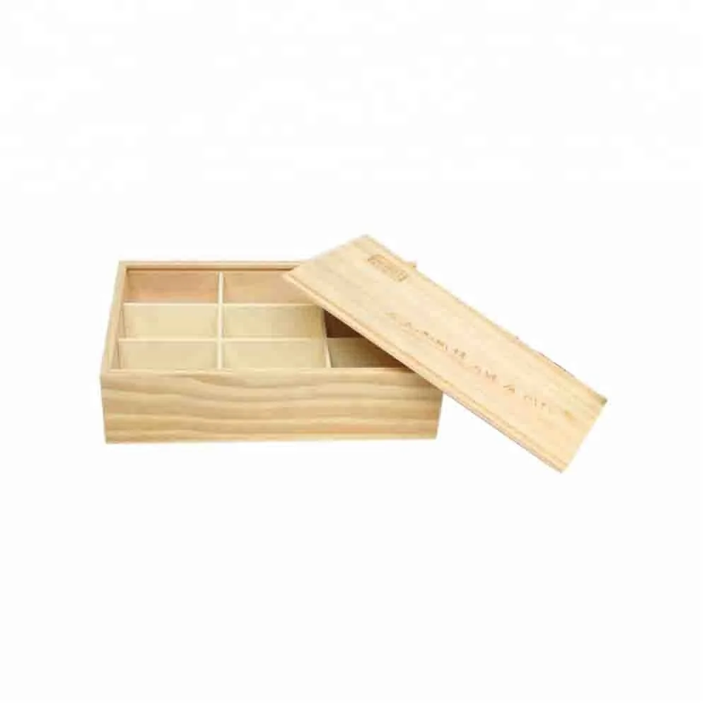Fresh Pine Wood Material 6 Compartments Wooden Tea Box With Slidng Lid