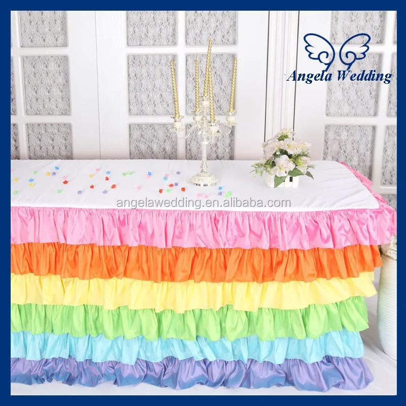 
SK007A Wedding hot sale taffeta ruffled decorative colorful rainbow steps in table skirt 