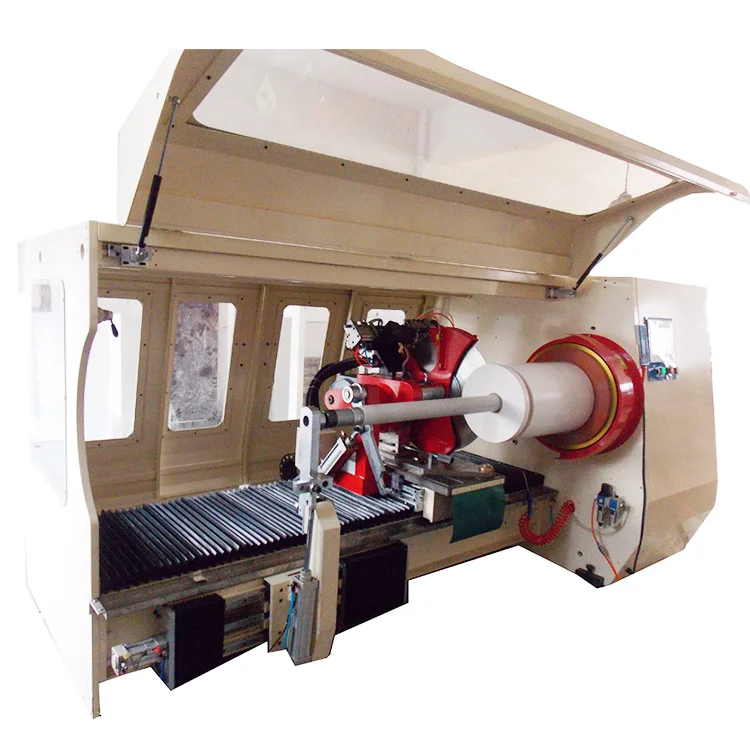 Huge type automatic roll slitter or cutter for textiles, nonwoven, fiberglass fabric rolls. Tapes & ribbons.