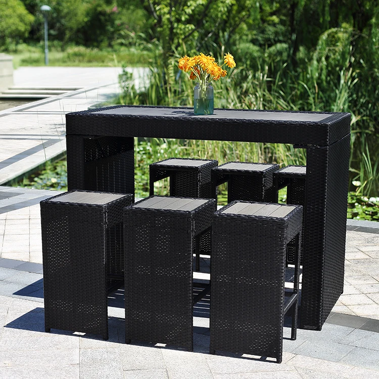 Bar Set 7 Wicker Material High Quality Bar Outdoor Furniture Plastic Wood Table Top Set/HB21.9333