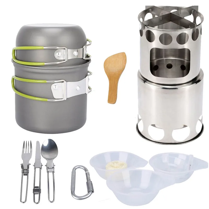 
Outdoor stainless steel camping stove with foldable handle camping cookware pot set hiking picnic cooking set non-stick cookware 