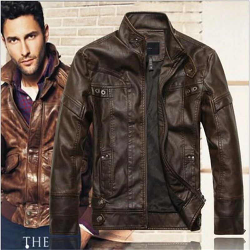 JACKETOWN Fashion Mens genuine motorcycle PU jackets Long Sleeve Winter bomber leather jacket