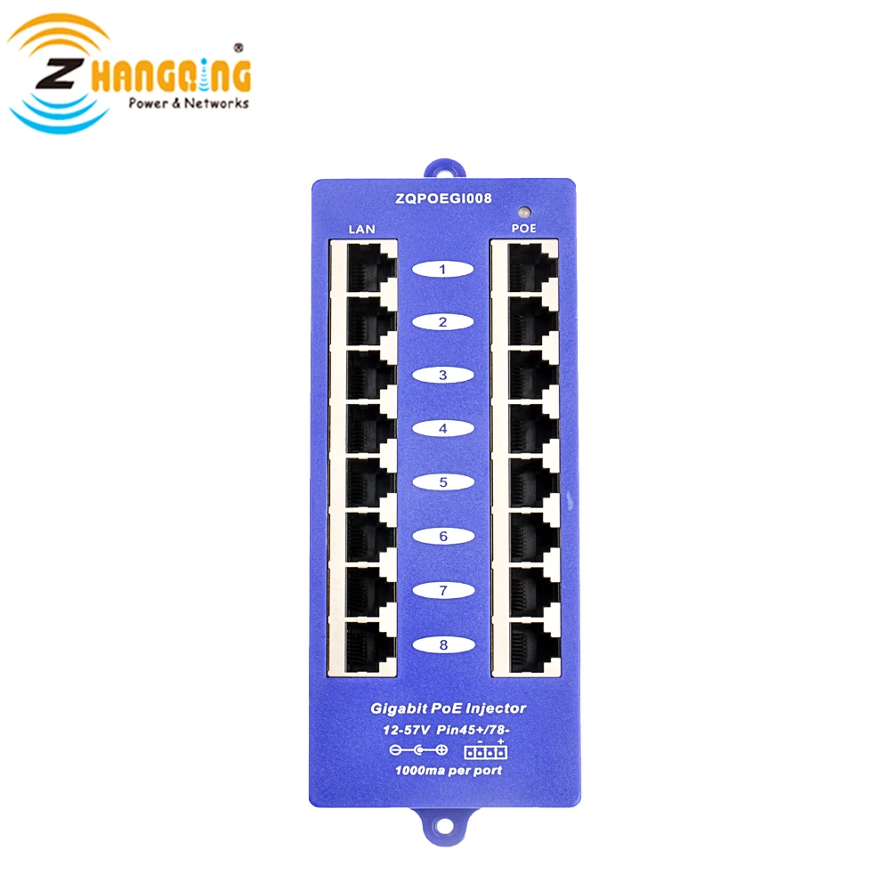 
Surveillance Gigabit PoE Injector 8 Port 802.3af PoE Patch Panel Bule Color For CCTV Camera 