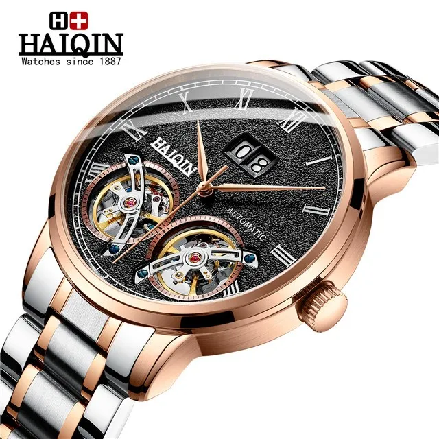 Luxury Brand Mens Tourbillon Watches Fashion Gold Dial Stainless Steel Strap Waterproof Automatic Mechanical Skeleton Watch