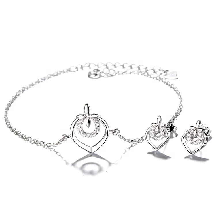 Latest Jewelry Heart 925 Sterling Silver Earrings Bracelet Jewelry Set