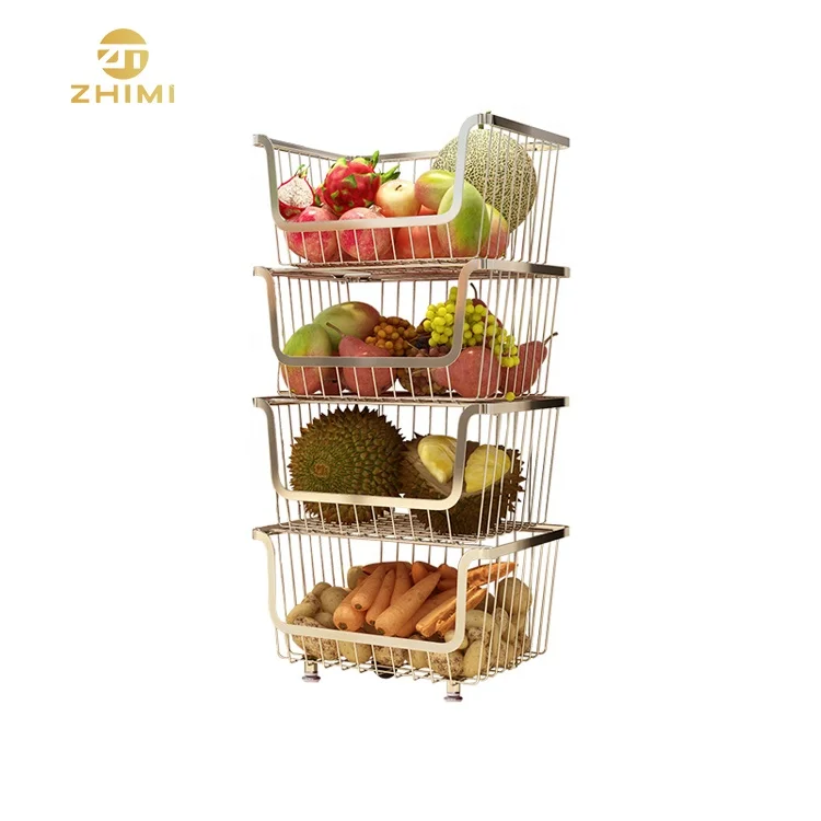 304 Stainless Steel 4-Tiers Metal Fruit Basket Kitchen Storage Fruit and Vegetable Holder