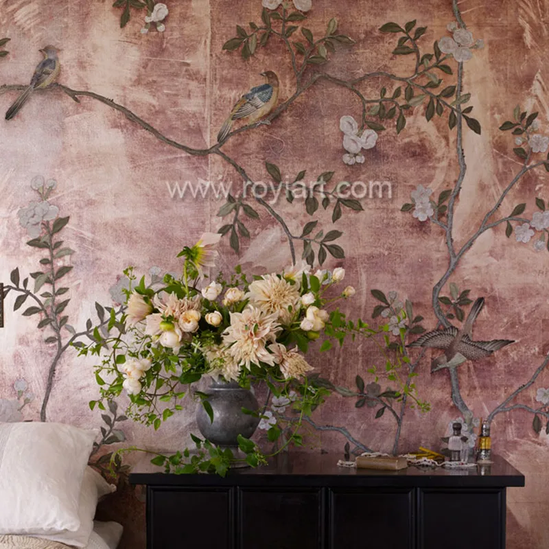 ROYI ART Chinoiserie hand painted wallpaper colours on real silver gilede paper
