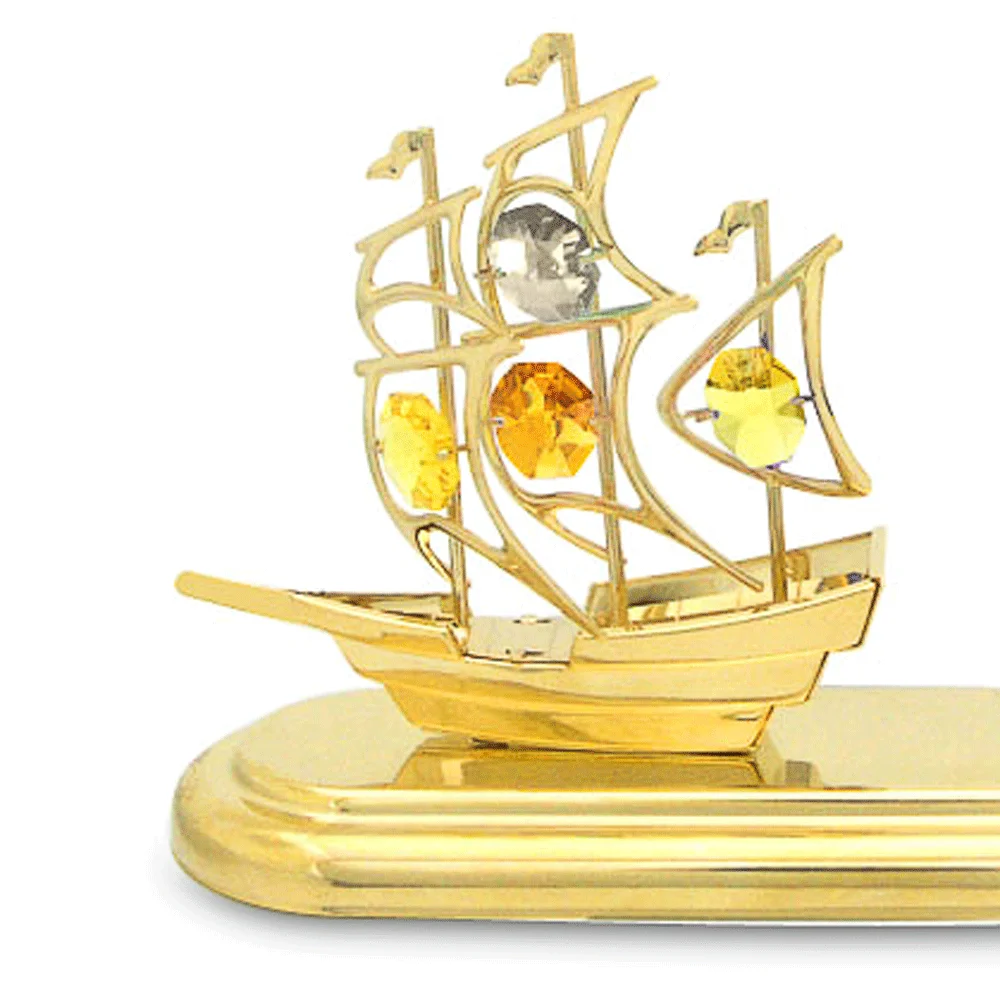Crystocraft High Quality Gold Plated Metal Sailboat Figurine Pen Set with Brilliant Cut Crystals Corporate Gifts Ideas