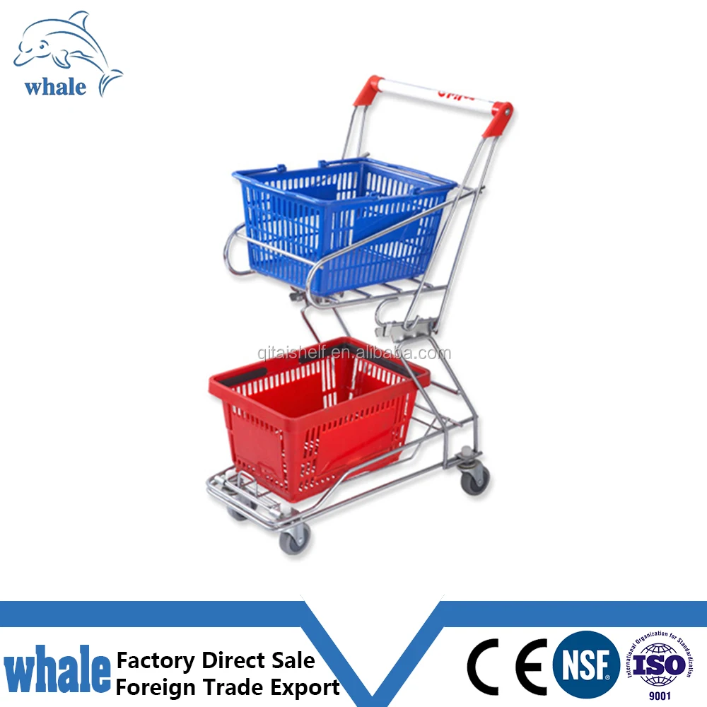 Double Layer Metal Supermarket Shopping Trolley Cart With Two Plastic Basket