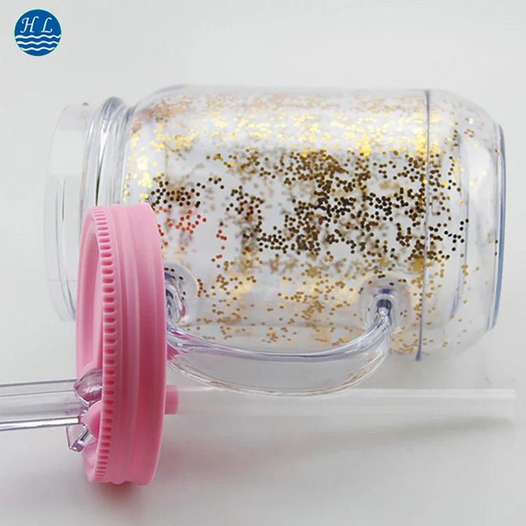 Factory direct supply 16 oz plastic mason jar with handle straw