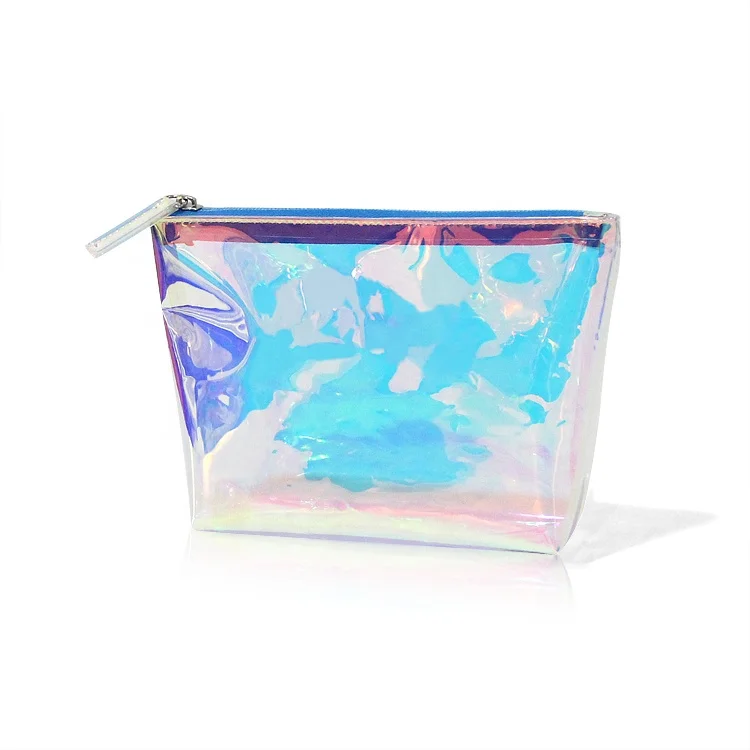 Custom hologram iridescent laser pvc cosmetic bag, transparent holographic PVC zipper makeup bag